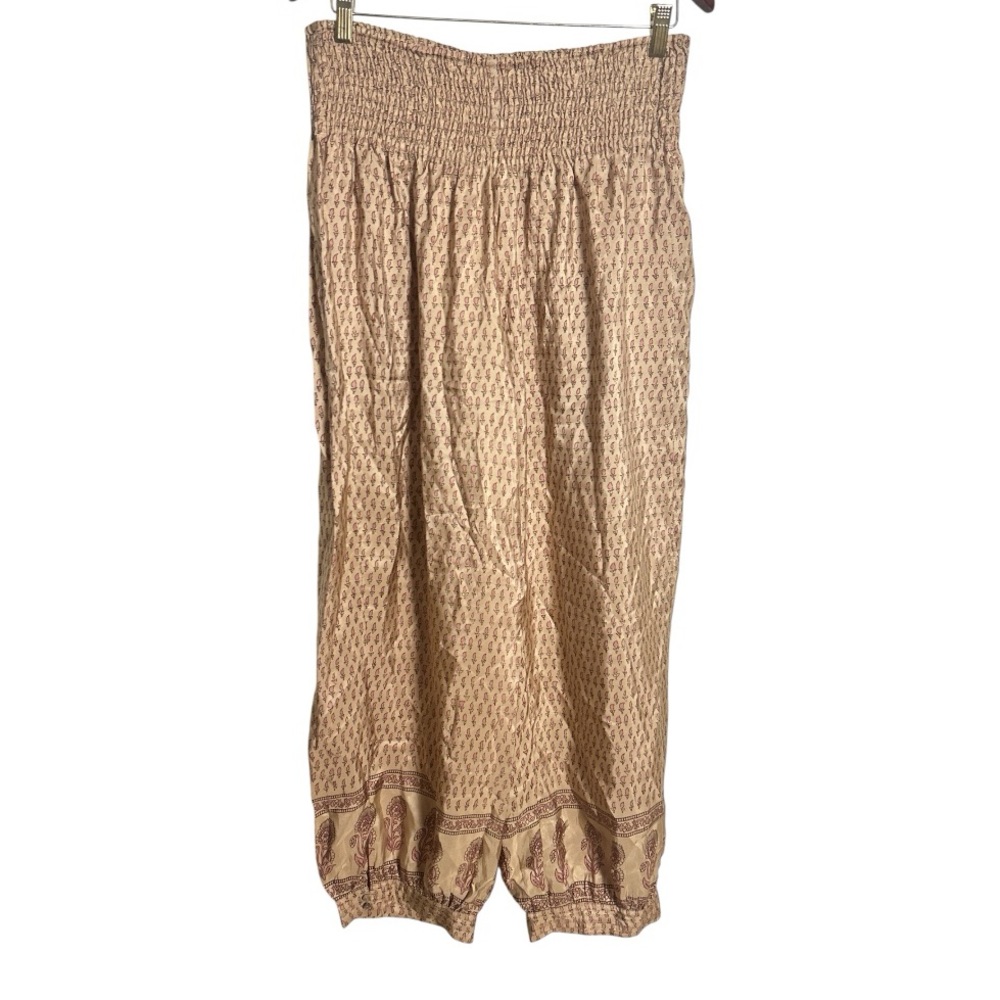Calypso St. Barth Tan Printed Wide-Leg Smocked Waist Pants
